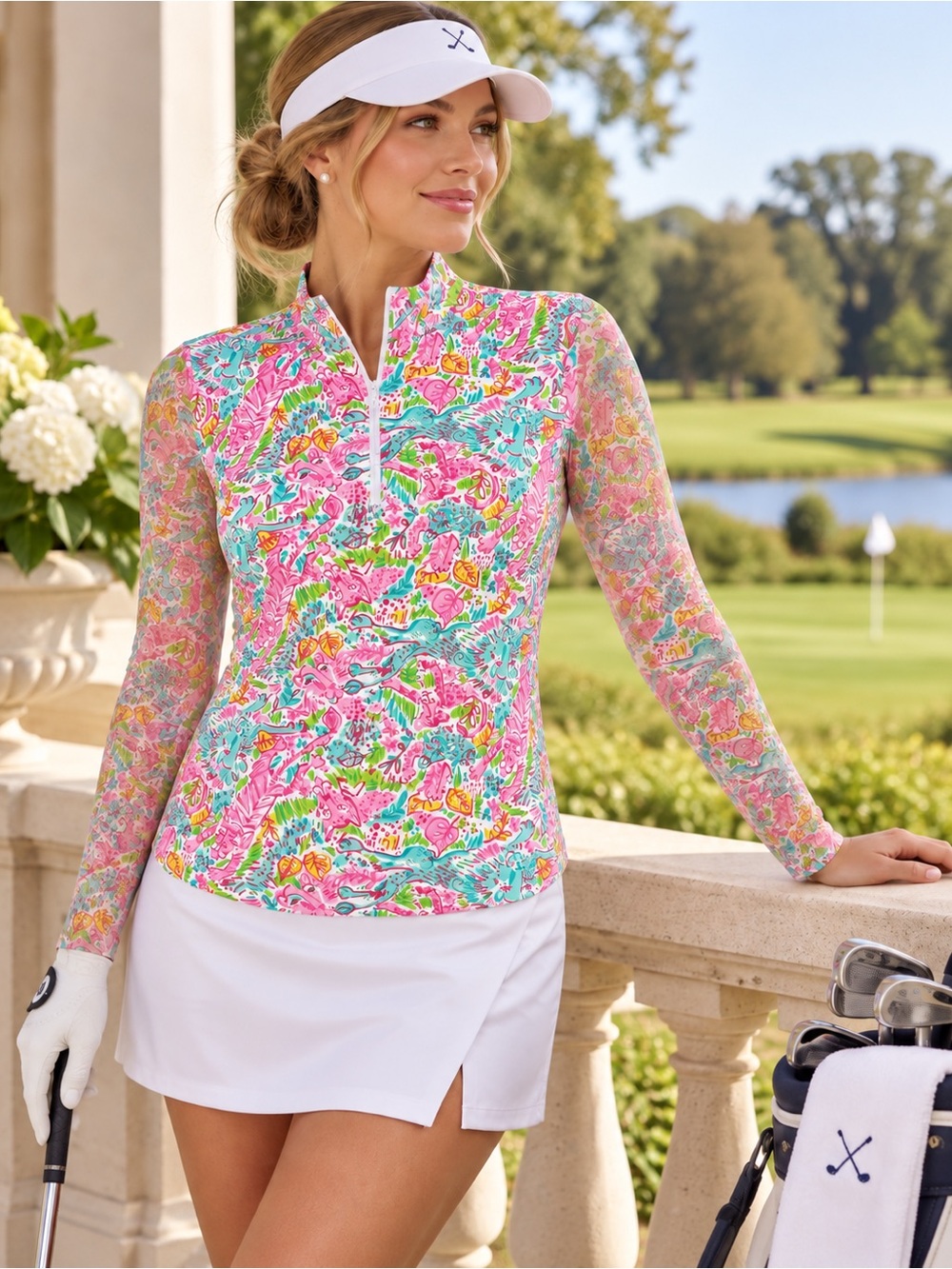 IBKUL Women's Long-Sleeve Floral Zip Mock Neck Golf Top in Pink and Turquoise